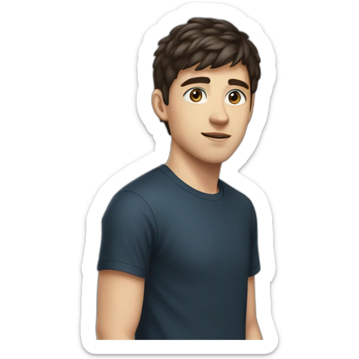 portrait of 18 years old guy, dark brown hair bangs to the left, blue gray eyes, black T-shirt sticker