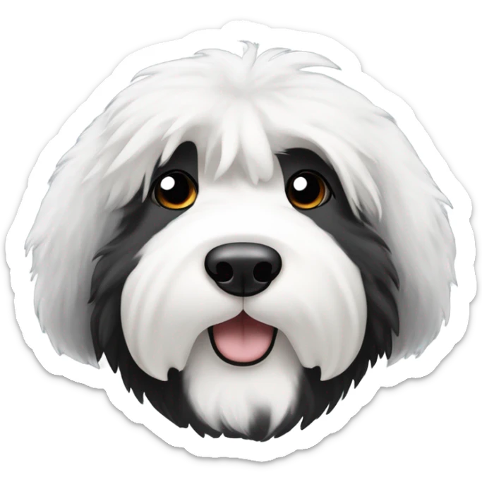 Old English sheepdog with a half and half face like a black (left) and white (right) cookie sticker