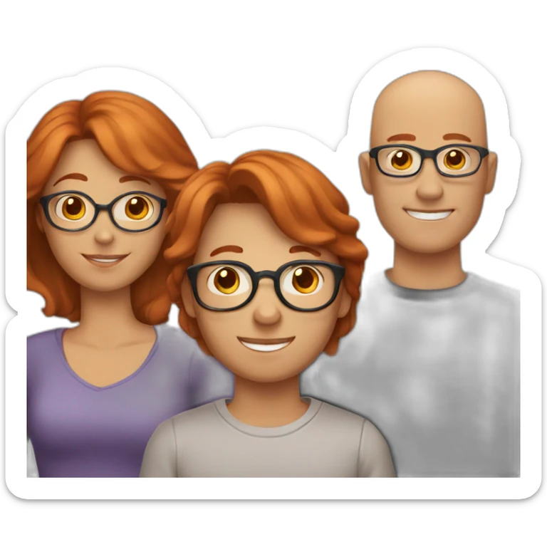 their family consists of 3 people - a mother with red hair, a father with brown hair on the sides and a small bald spot in the center, a 12-year-old boy with brown hair in glasses sticker