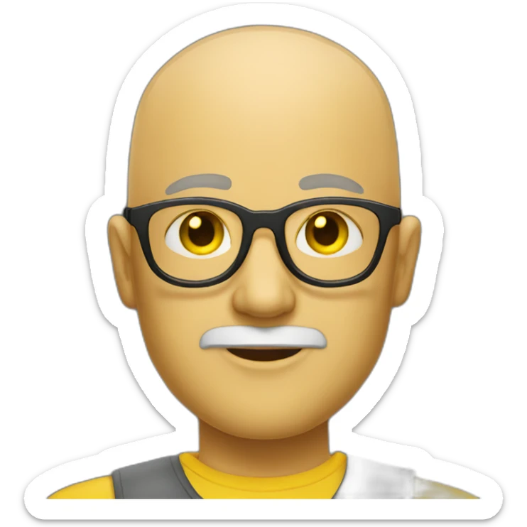 A bald man with yellow transparent fashionable glasses and a beard sticker