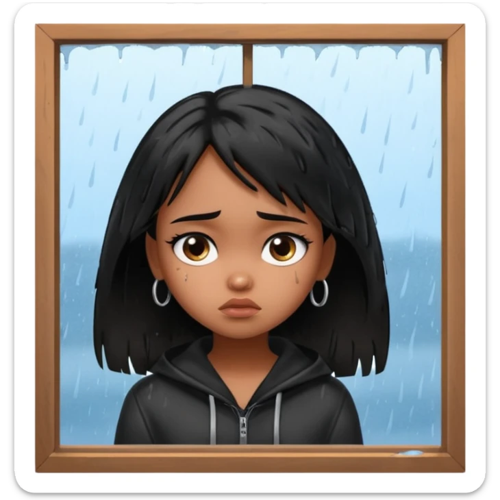 generate a pretty bratz brown skinned girl with messy black hair looking out of the rainy window, looking very sad. SIDE ANGLE sticker
