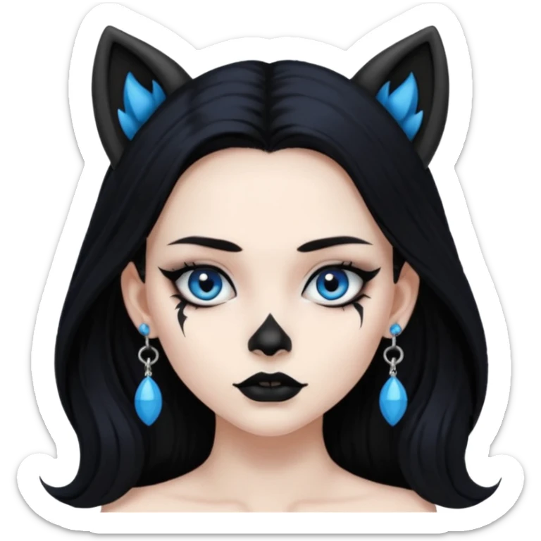 A girl with long black hair and blue eyes, black eyeshadow, black eye liner, mascara, and black lipstick, and black skull earrings. Also a black sexy dress and wolf ears  sticker