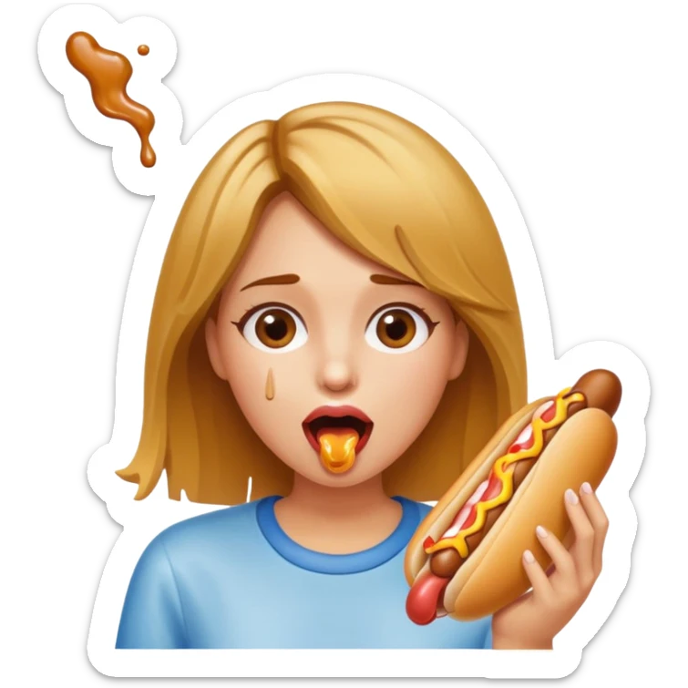 fair skinned young woman with brown hair and blonde highlights with mouth open and hot dog dripping glue sticker