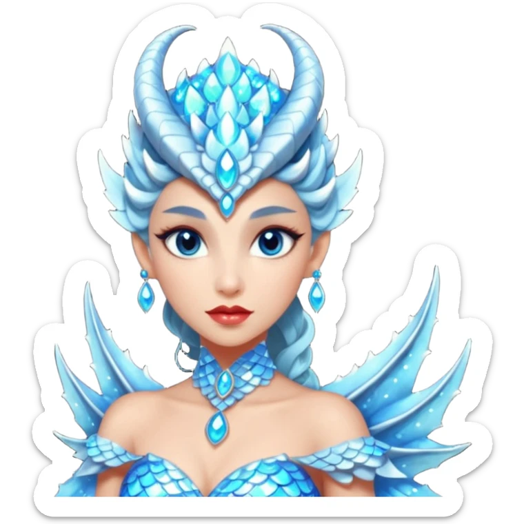 Am amazing blend of a half dragon woman with glittering jeweled scales covering her body. She has large almond shaped eyes, lush lips, and she wears a stunning luminescent gown. sticker