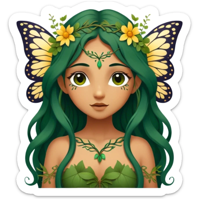 Cinematic Realistic Forest Nymph Fairy Portrait, depicted with lifelike, sun-kissed tanned skin that radiates an earthy glow, softly illuminated by natural, dappled light. Her long, flowing dark green hair is intricately detailed and interwoven with delicate vines and wildflowers, while her deep, soulful eyes mirror the wisdom of the forest. Dressed in an attire inspired by nature’s palette—with subtle botanical motifs—the portrait exudes a soft, enchanted glow that melds realism with woodland magic showing her large butterfly wings. sticker