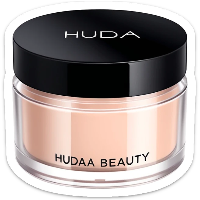 Create an emoji of Huda Beauty loose powder in its round, flat jar, short and wide, frosted or matte plastic, black screw-on lid, minimal luxe makeup packaging, clean glam aesthetic. sticker