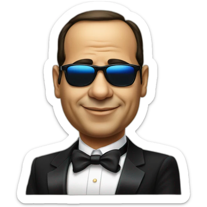 Satirical cartoon Egyptian President Al Sisi in a tuxedo wearing sun glasses with egyptian flag sticker