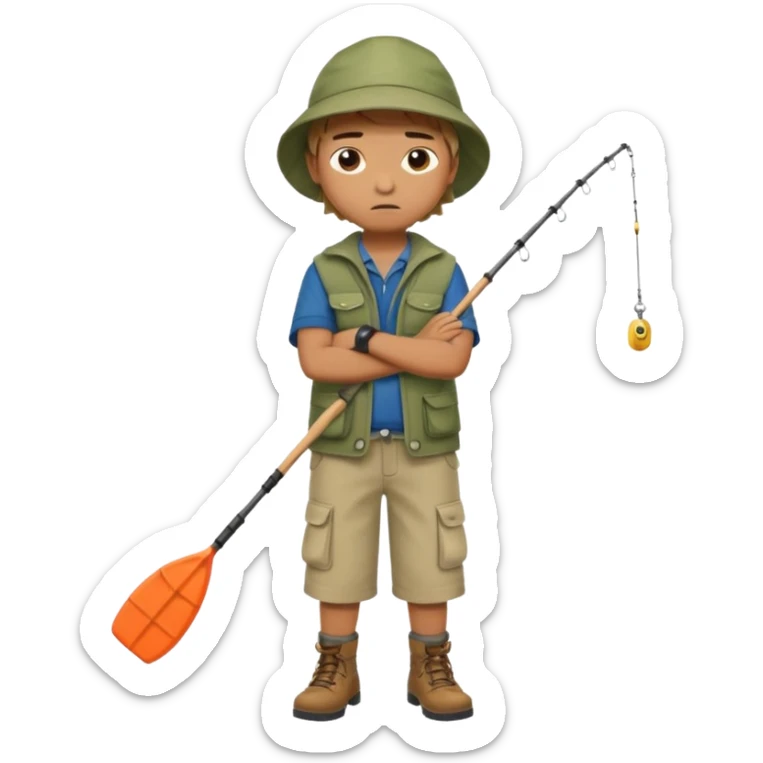 A boy with crossed arms, looking annoyed, dressed in fishing clothes full body sticker