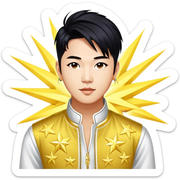 Cinematic Realistic portrait of Sơn Tùng M‑TP, shown as a dynamic pop star with a modern, stylish look and detailed contemporary clothing, illuminated by vibrant, energetic lighting that highlights his star power sticker