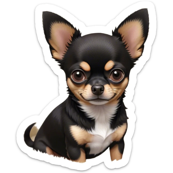 Cinematic Meme-Worthy Grumpy Black Tri Short Haired Chihuahua Portrait Emoji, Head held high but eyes filled with dramatic disappointment, smooth black tri-color fur with bold white and tan markings, deeply furrowed brow forming an unmistakable scowl, floppy ears slightly angled back in disapproval, piercing dark eyes glaring with pure exasperation, Simplified yet hilariously over-exaggerated features, highly detailed, glowing with an aura of supreme annoyance, high shine, exhausted yet judgmental, stylized with an almost regal pettiness, bright but brooding, soft glowing outline, capturing the essence of a pup that has seen it all and is thoroughly unimpressed, so meme-worthy it feels like it could instantly become the next viral sensation of grumpiness! sticker
