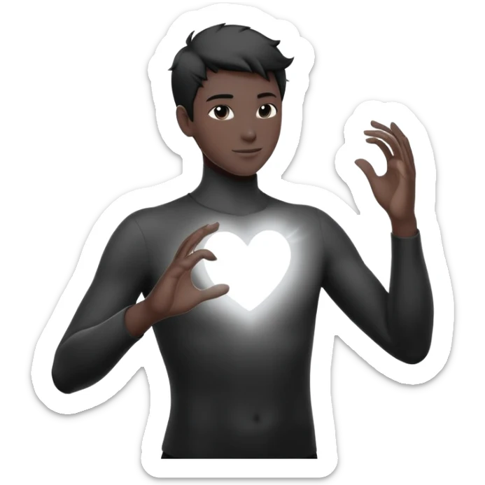 youthful male silhouette with glowing heart spark and flowing energy at fingertips, minimalist black or silver with soft dynamic motion sticker