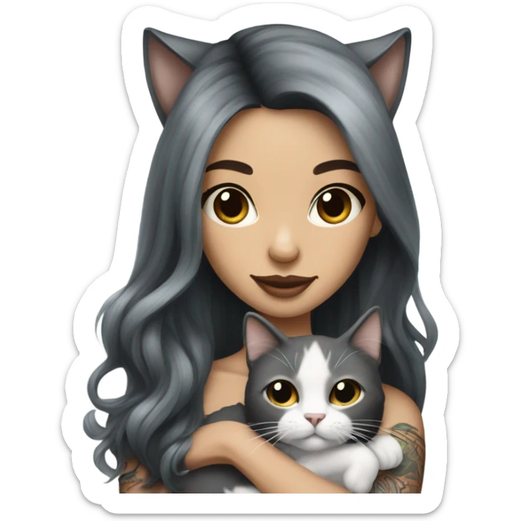 Beautiful dark haired tattooed woman holding gray and white long hair cat sticker