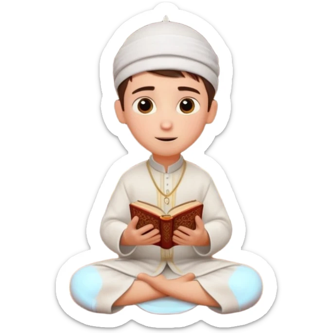 Personnage 3D mignon en style Pixar, un petit garçon portant un qamis blanc et un kufi, tenant un tapis de prière, entouré de lanternes brillantes, fond doux, couleurs chaudes, sticker