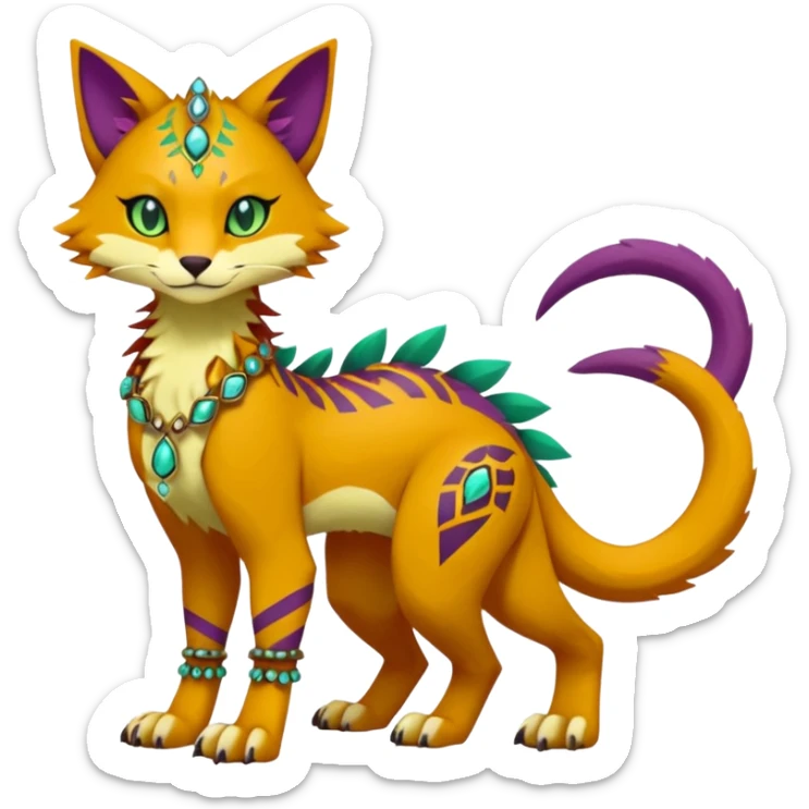 Kawaii cute reddish orangish yellowish greenish purplish exotic tribal beautiful pretty elegant divine edgy feline-vernid-sergal-Fakémon-Pokémon-Digimon-fursona-animal-creature with accessories, jewelries, full body, with intricate detailed markings sticker