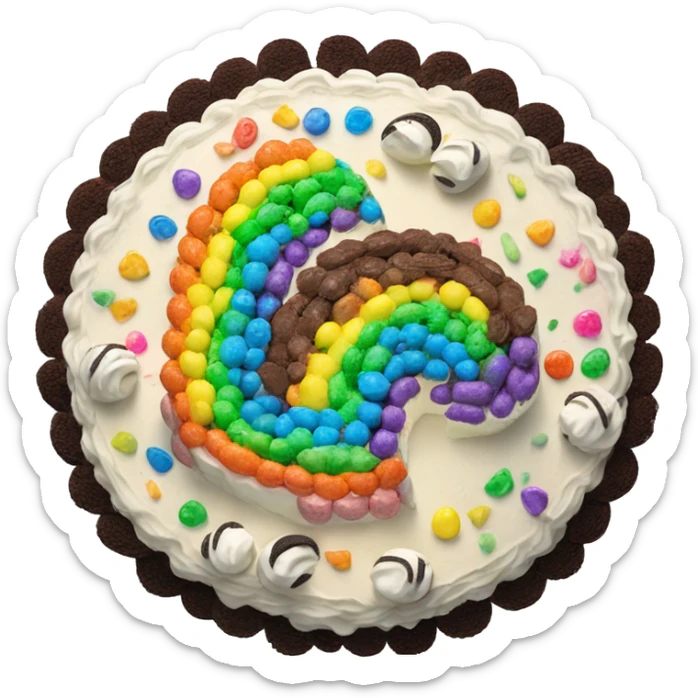 Classic round Rainbow cake with chocolate frosting and vanilla frosting with Oreos on top sticker