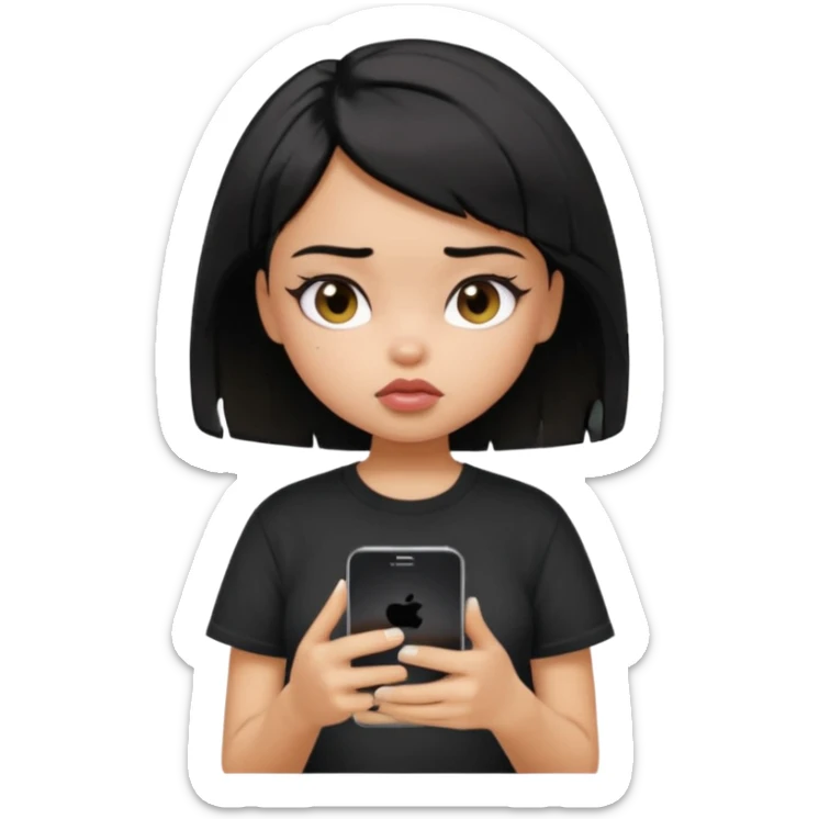 generate a pretty bratz girl with short black messy hair, looking tired and using her phone, wearing an oversized black tshirt sticker