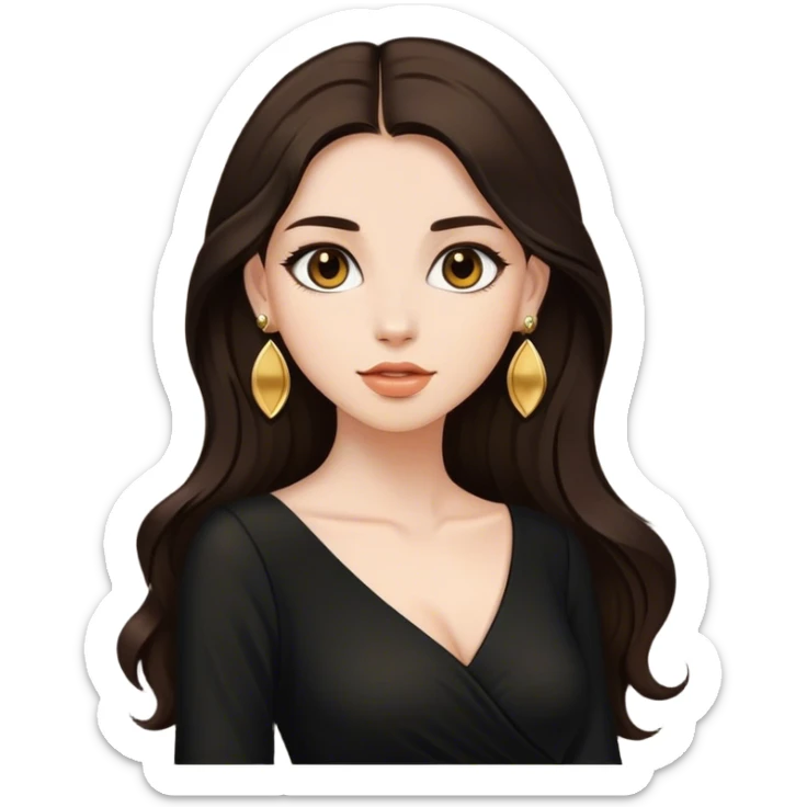 Beautiful woman,cute, long dark brown hair in dark dress with gold earrings sticker