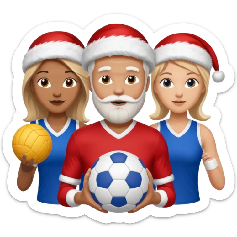 3 atletas, um homem no meio e duas mulheres com cores de pele diferentes, usando elementos esportivos, bola de futebol e bola de vôlei. Coloque um chapéu de papai noel das cores verde e com roupas azul e branco sticker