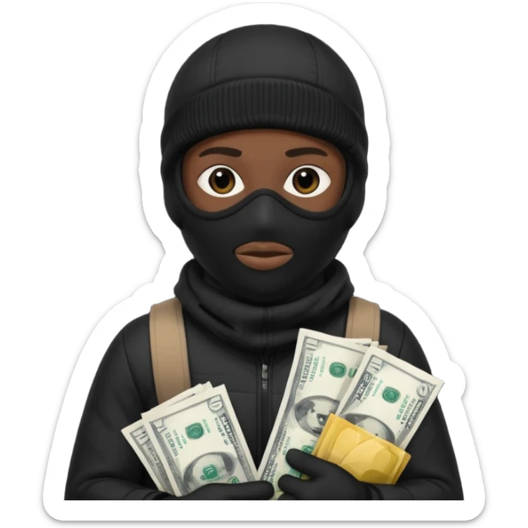 Black Ski mask holding bags of money with  skin color black sticker