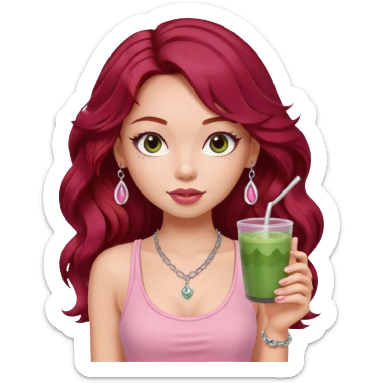 a pretty fair bratz girl with wavy dark red hair, wearing a pink tank top . silver dainty layered necklaces, carrying a matcha sticker