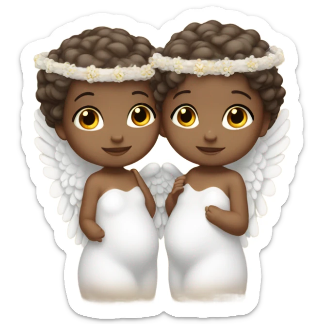 2 twin baby girls that are white with brown hair with a halo and angel wings sticker