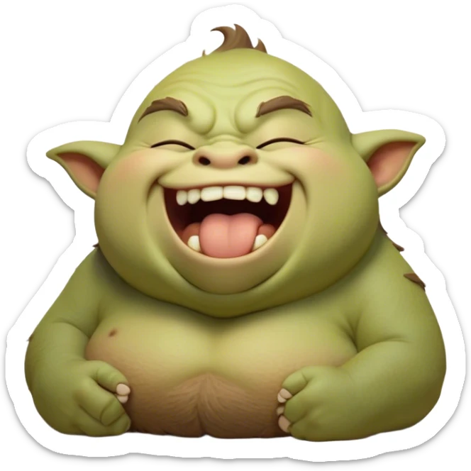 Cinematic Cute Yawning Ogre Portrait Emoji, with a surprisingly cuddly, rotund figure in soft earthy greens and browns, head tilted back in a big, gentle yawn exposing a set of comically oversized teeth, simplified yet irresistibly adorable, highly detailed with a soft glowing outline that captures the sleepy charm of a friendly ogre after a long day of gentle mischief! sticker
