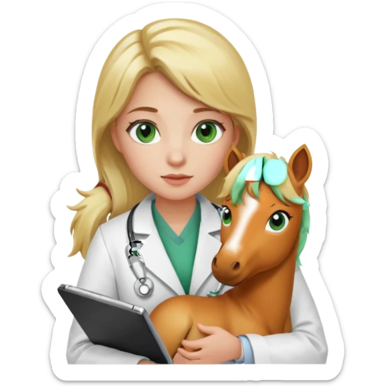 A young woman with green eyes and blonde hair, a veterinarian, with a caramel-colored pony in her lap. sticker
