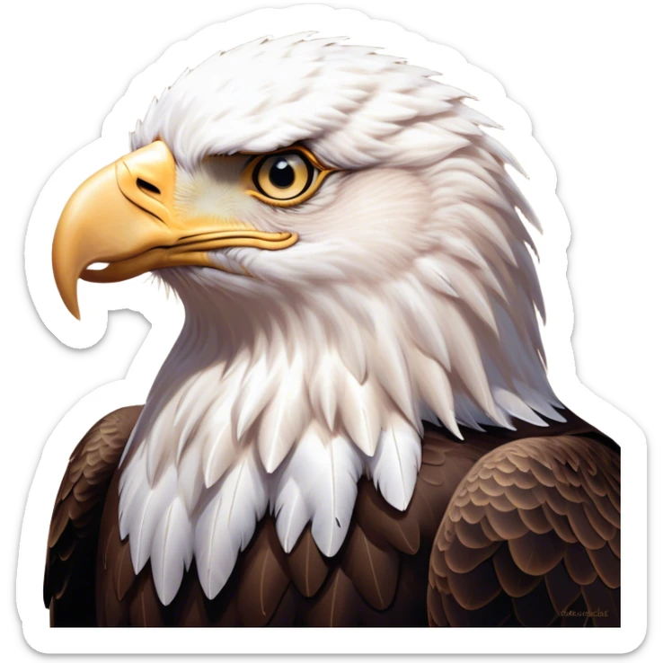 Cinematic Noble American Eagle Portrait Emoji, Poised and regal, with a powerful, broad build, a distinctive white-headed silhouette contrasting a dark, formidable body, and piercing, intense eyes, Simplified yet sharp and sophisticated features, highly detailed, glowing with a soft, majestic radiance, high shine, intelligent and commanding, stylized with an air of national pride, focused and vigilant, soft glowing outline, capturing the essence of a watchful and confident American eagle that appears ready to soar out of the screen with effortless authority! sticker