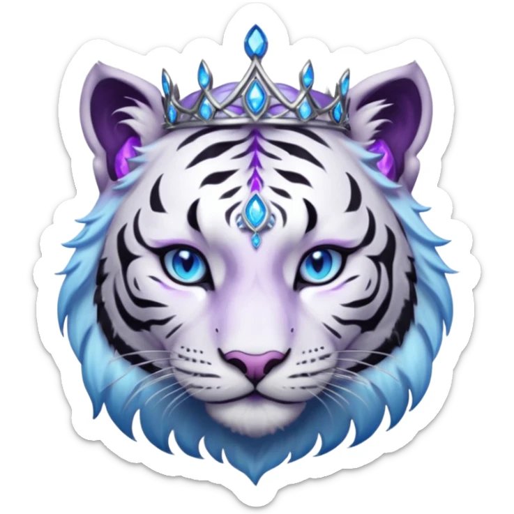 ESO Female white/black tiger khajiit leader of the umbral rose, glowing blue eyes, glowing blue 'third eye' gem; beautiful desined purple gemmed silver tiara sticker