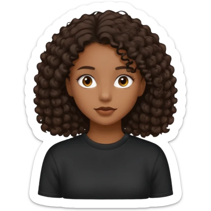 girl with brown skin, dark curly brown hair shoulder length and plain black crewneck t-shirt sticker