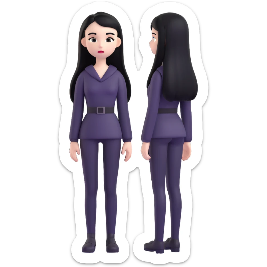 full body emoji of a girl with pale skin, long straight black hair, dressed in all black, standing still sticker