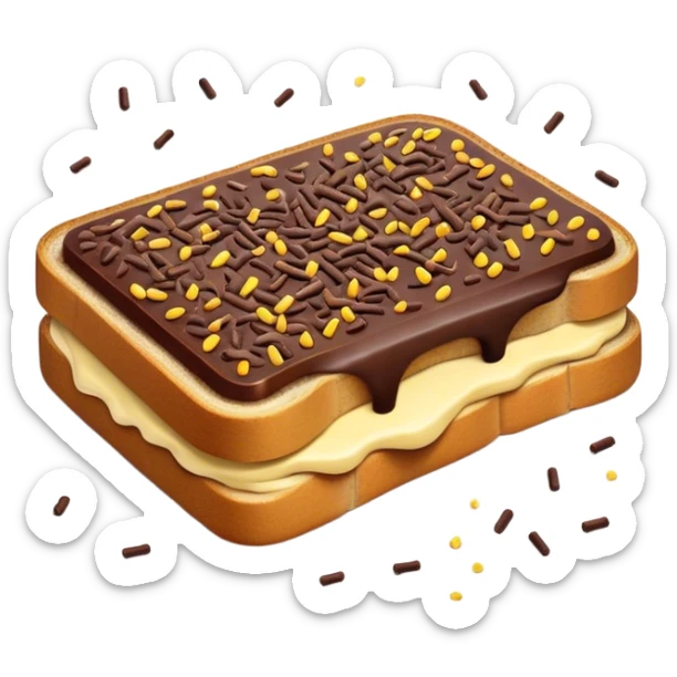 Hagelslag Cinematic Realistic Hagelslag Treat Emoji, depicted as crunchy chocolate sprinkles scattered on a slice of buttered bread, rendered with vivid textures and playful, inviting lighting. sticker