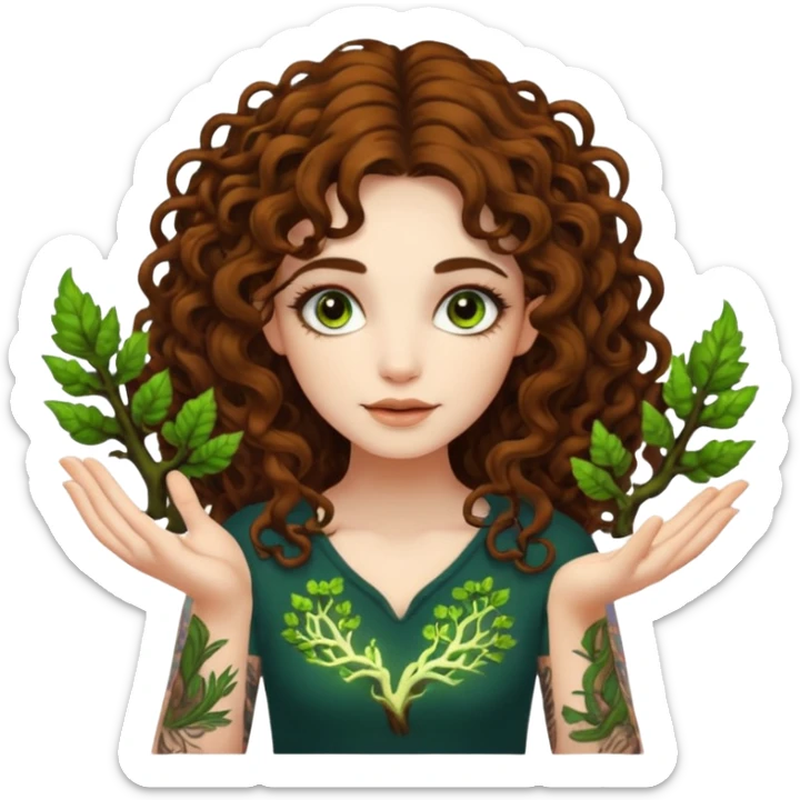 woman with long curly brown hair, brown eyes, white skin, tattoos, growing glowing moss from her fingertips like magic circuits sticker