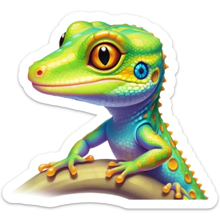 Cinematic Cute Gecko Portrait Emoji, Head tilted playfully and inquisitively, featuring a small, charming body with smooth, vividly patterned scales, bright, sparkling eyes and delicate, sticky toe pads, Simplified yet irresistibly adorable features, highly detailed, glowing with a warm, inviting glow, high shine, affectionate and lively, stylized with a touch of tropical whimsy, soft glowing outline, capturing the essence of a mischievous yet loving gecko that appears ready to dart out of the screen into your heart! sticker