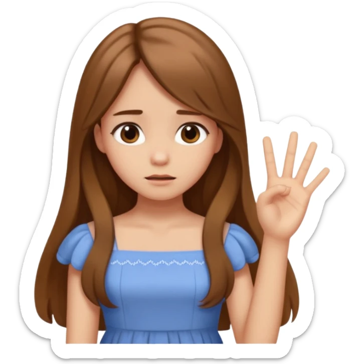 fake costumer loyalty, girl that doesn't care, she is like whatever, brown long hair, cute dress and her hand showing like i dont care whatever, make her look little bit bored sticker