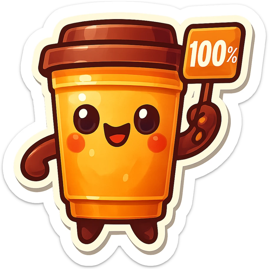 Tall coffee cup, holding sign "100%" sticker