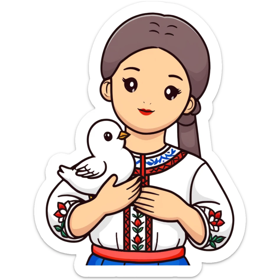 Ukrainian girl wearing a traditional embroidered vyshyvanka shirt with a white dove of peace next to her sticker