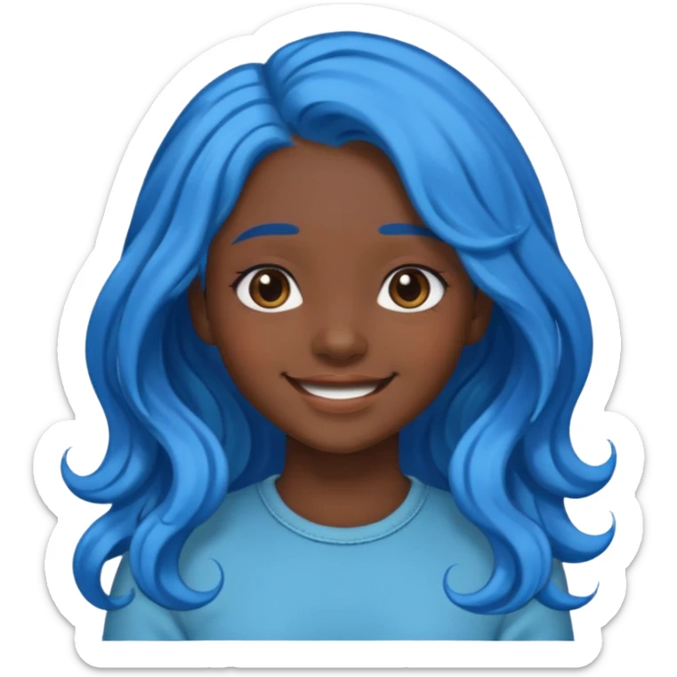 blue haired girl, dark skin, wavy long hair, smiling emoji sticker