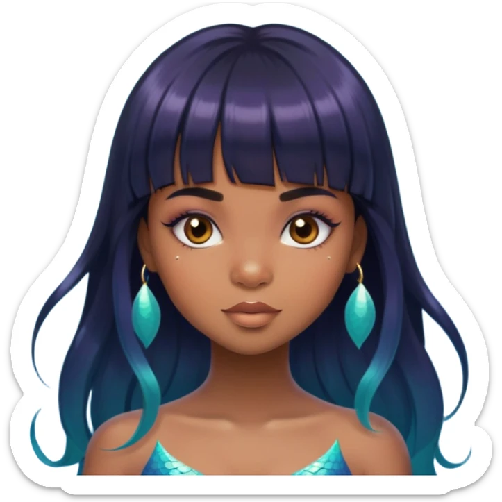 brownskin girl, beautiful girl, mermaid appearance, black straight hair with bangs above eyebrowns, nostril piercing sticker
