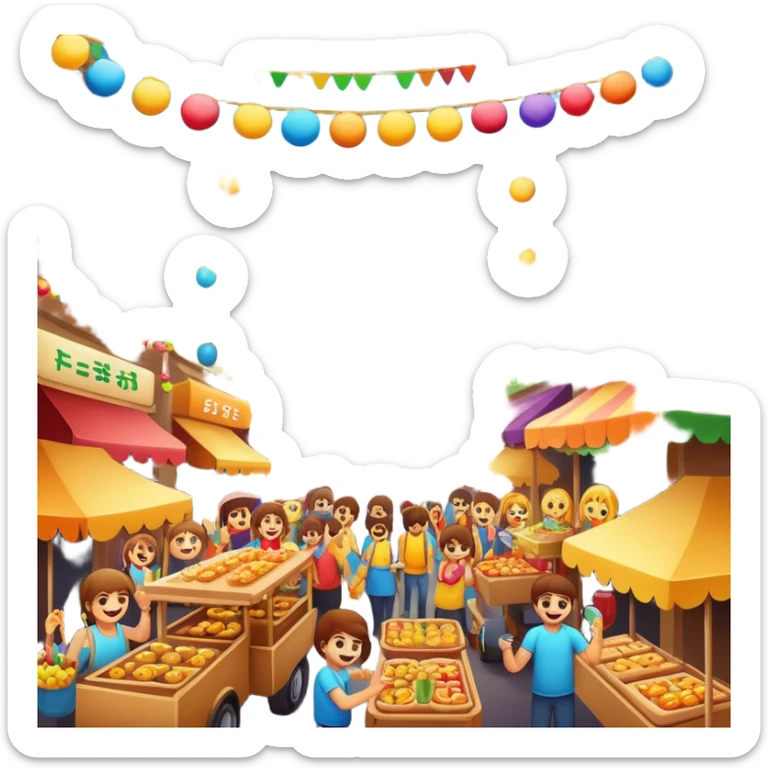 emoji festival with street food, music, garlands, celebration sticker