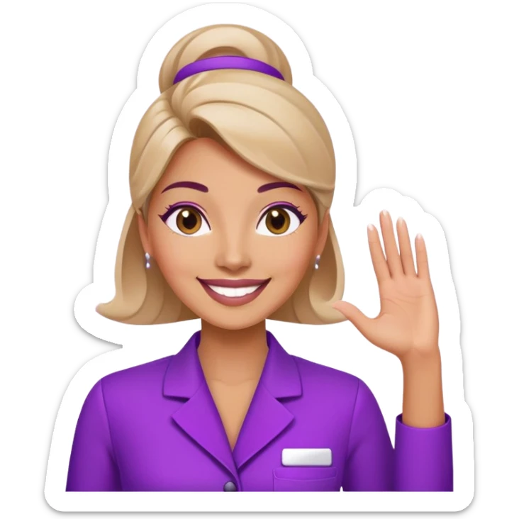 Woman cosmetologist in purple salon uniform with hand raised, smiling sticker