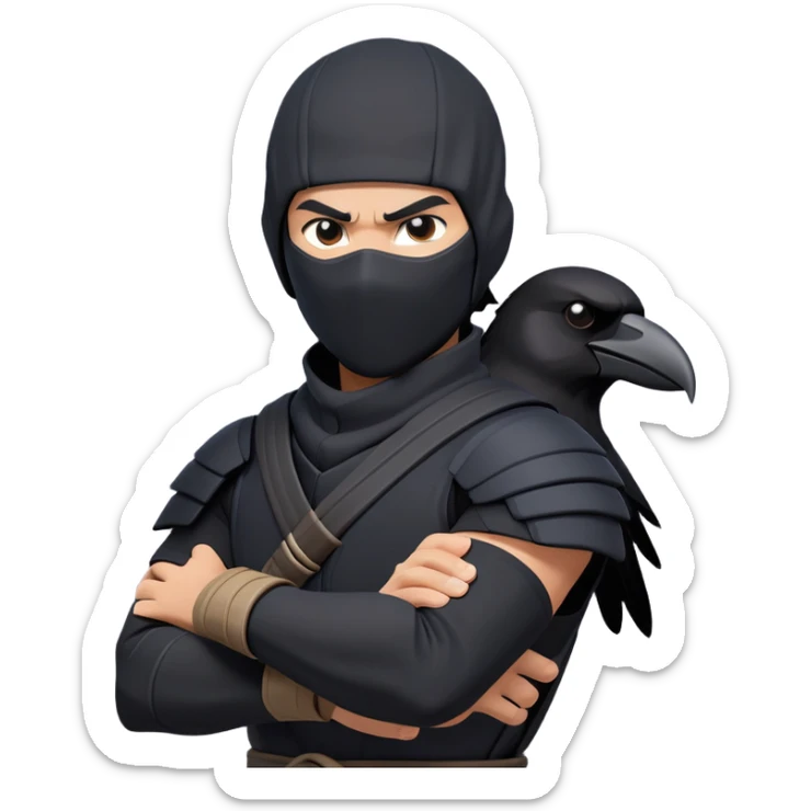 clash-of-clans-aesthetic_-cinematic-mysterious-male-ninja-portrait-emoji, rendered in a flat, vector-style with minimal shading and bold, simplified shapes, with a head slightly turned revealing intense, focused eyes. the ninja has his arm out and perched on top of his forarm is  a  giant black crow sticker