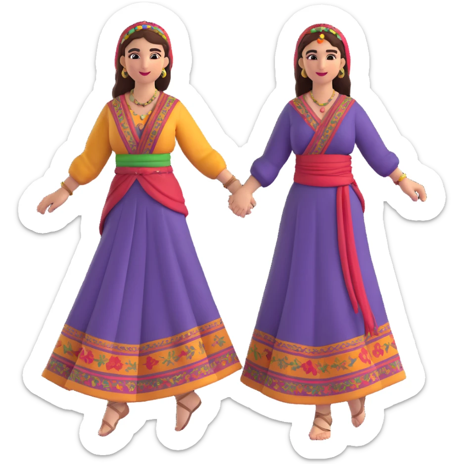 cartoon sticker of a group of Kurdish women in traditional female clothing dancing Kurdish dance holding hands, colorful and joyful, no text, suitable for WhatsApp and Instagram sticker