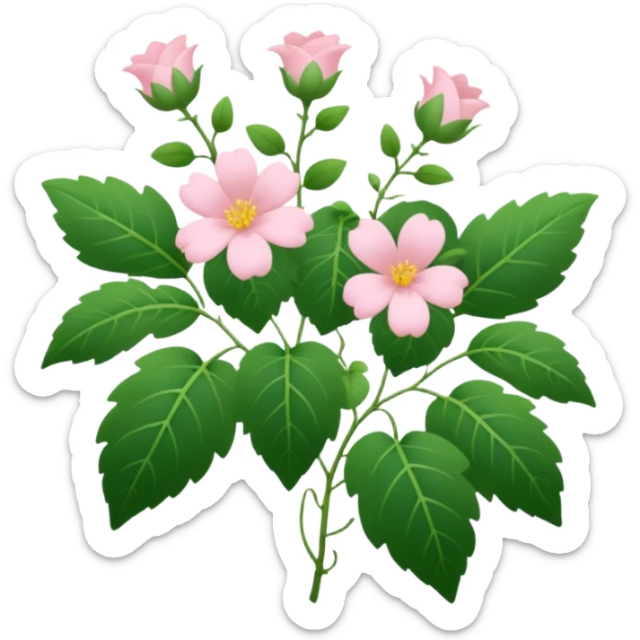Aesthetic flowers and plants growing from the ground in colours of soft pink matching the deep green leaves (to describe/match with the word flourish) more of a wild bush or vine  sticker