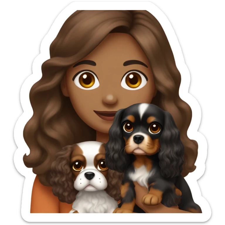 Light skin, dark brown long wavy hair girl, holding a cute cavalier King Charles spaniel dog with short ears wavy fur sticker