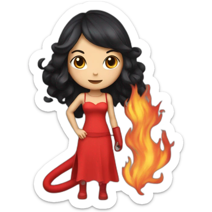 Catgirl with black hair wearing a red dress with a fire hose sticker