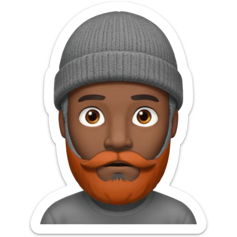 A dark-skinned man with a gray beanie, brown eyes, and a dark gray beard, wearing a calm expression. sticker