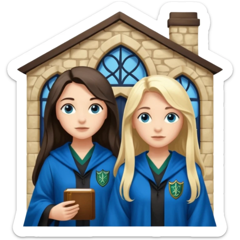 a pretty ravenclaw girl with long dark brown hair and blue eyes standing with a pretty Slytherin girl with long blonde hair, blue eyes sticker