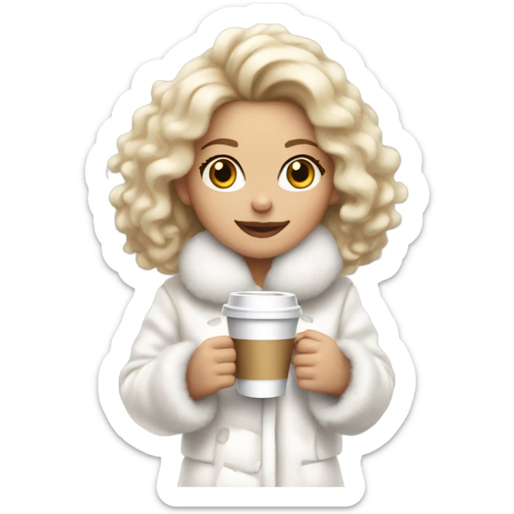 blonde girl wearing white fluffy jacket and a coffee to go in hand all dress white and a white bow on hair sticker