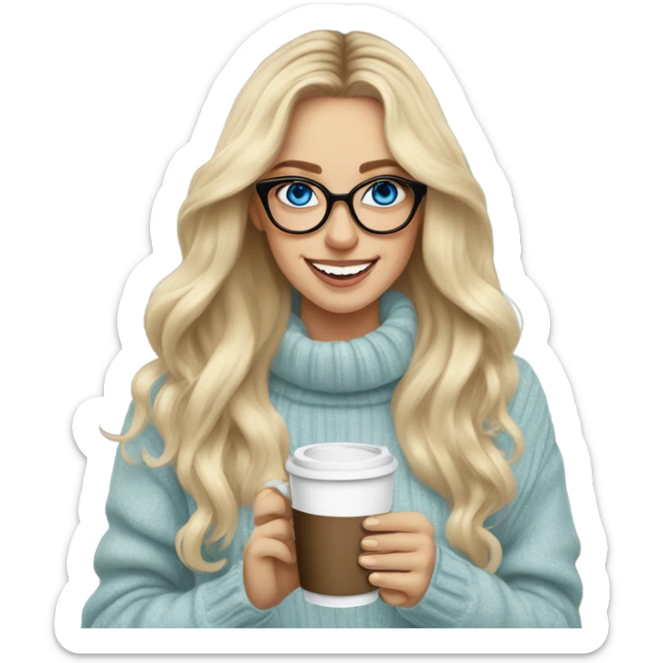Blonde balayage long hair white women sweater blue eyes and small glasses holding coffee sticker